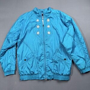 Vintage 80s Bold Spirit Turquoise‎ Floral Nylon Zip Up Jacket Women's Medium